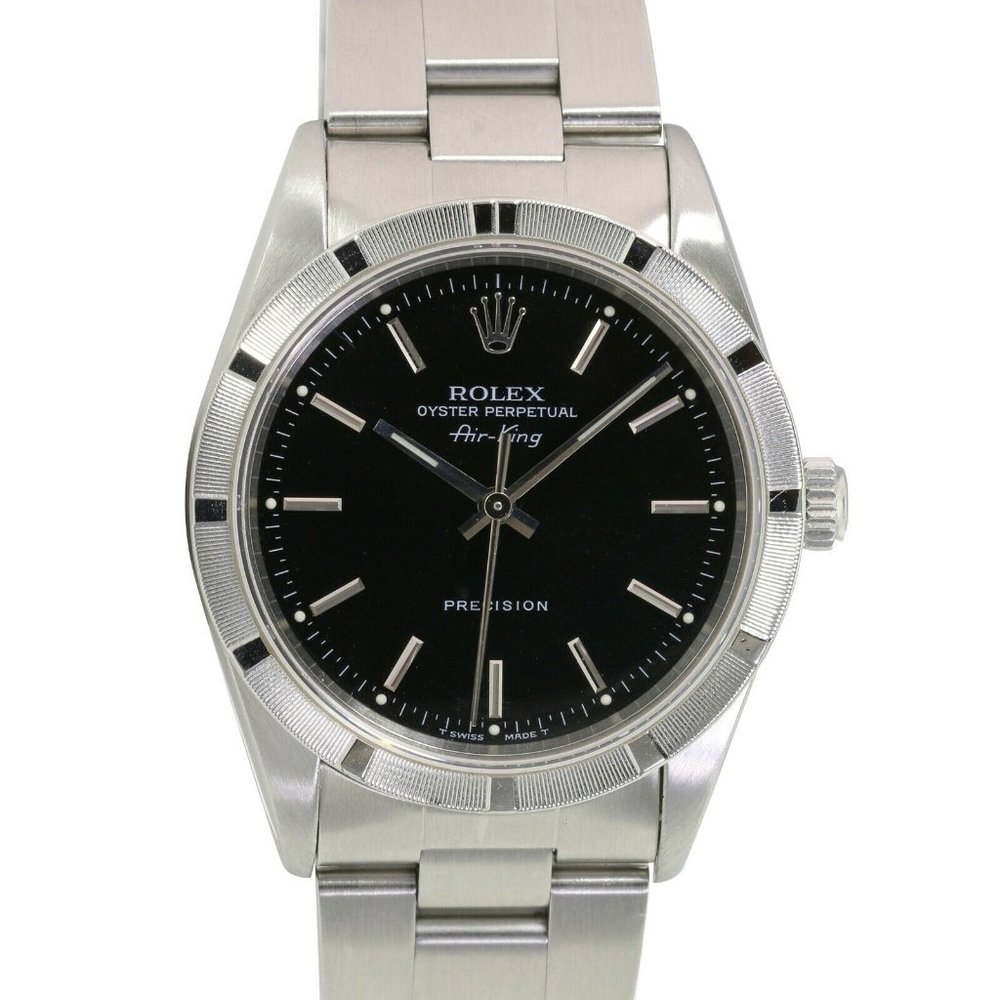 Rolex Airking Nlack Index Dial Stainless Steel Engine Turned Oyster Watch 14010